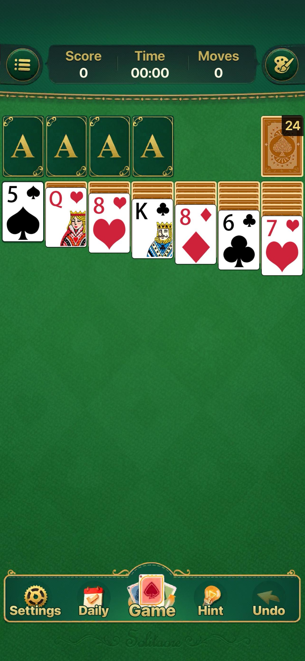 Klondike Solitaire gameplay screenshot showing the main card table and bottom controls.